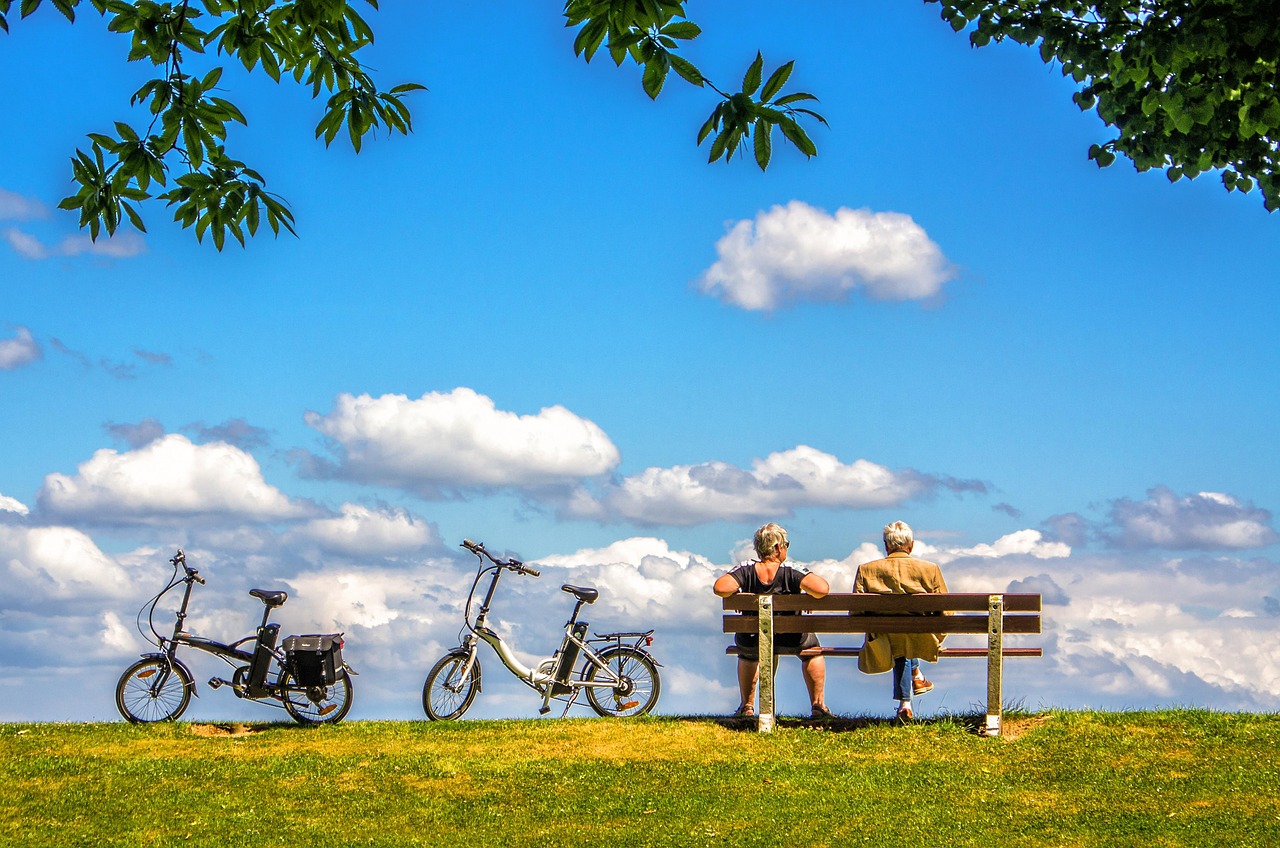 man, woman, bicycle, bike, air, nature, sky, bench, peace, people, couple